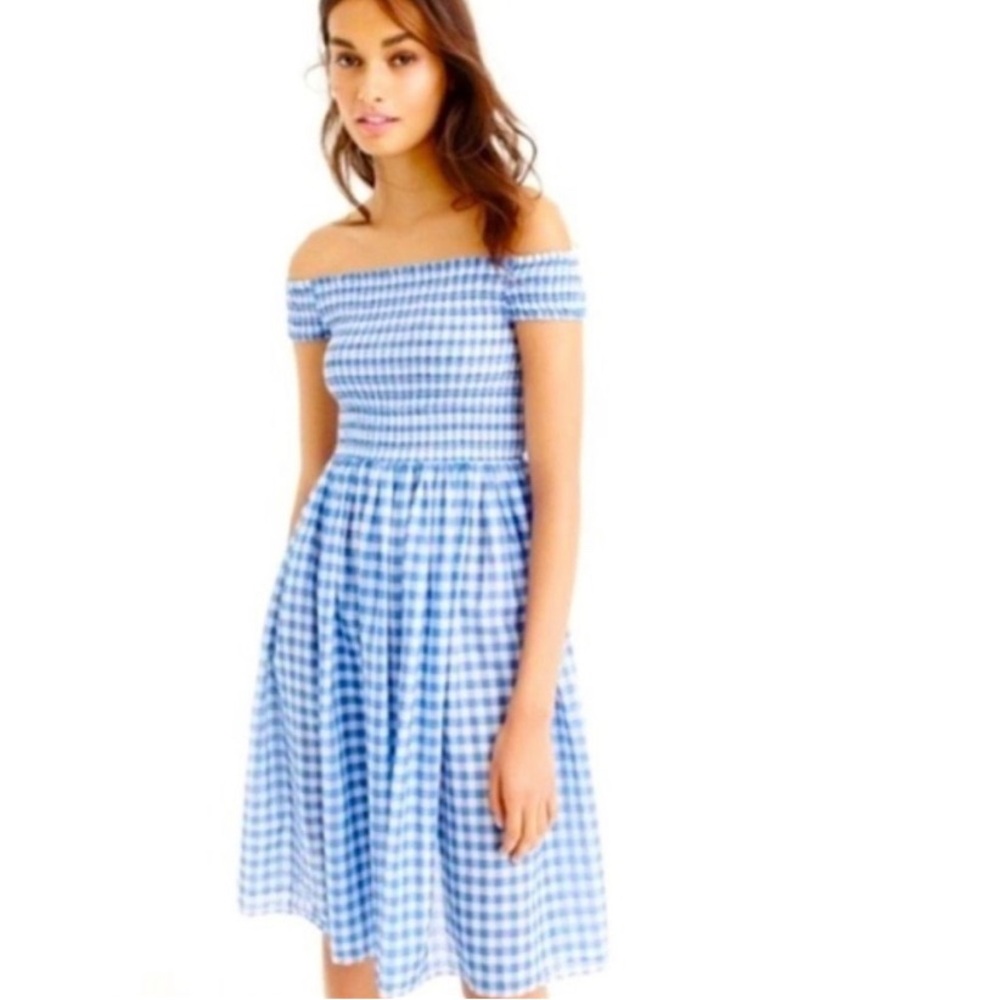 J. Crew Smocked Off-The-Shoulder Gingham Beach Dress